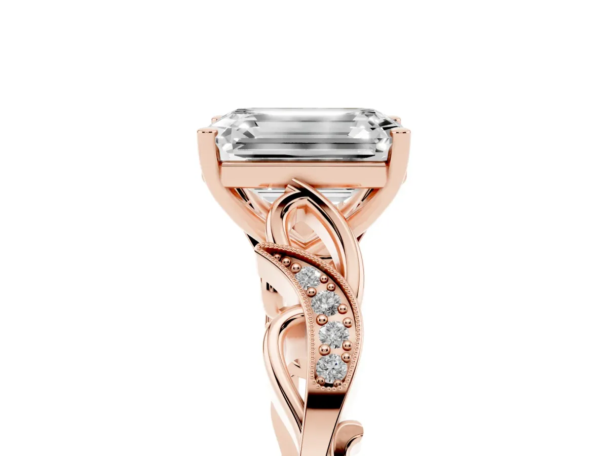 Emerald Cut Solitaire Vine Band with Milgrain Prong Setting Rose gold