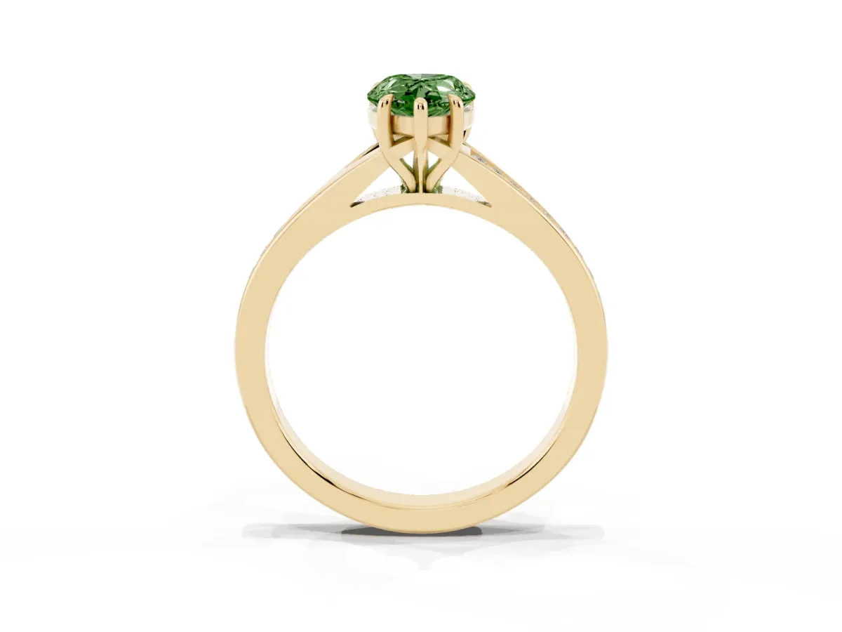 Fancy Green Pear Cut Diamond Solitaire Ring with Pavé Band and Prong Setting Yellow gold