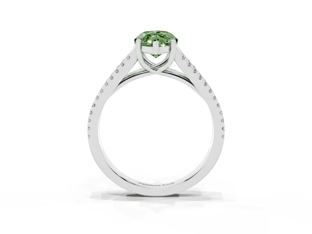 Fancy Green Marquise Cut Diamond Solitaire Engagement Ring with Split Shank Pavé Band Silver