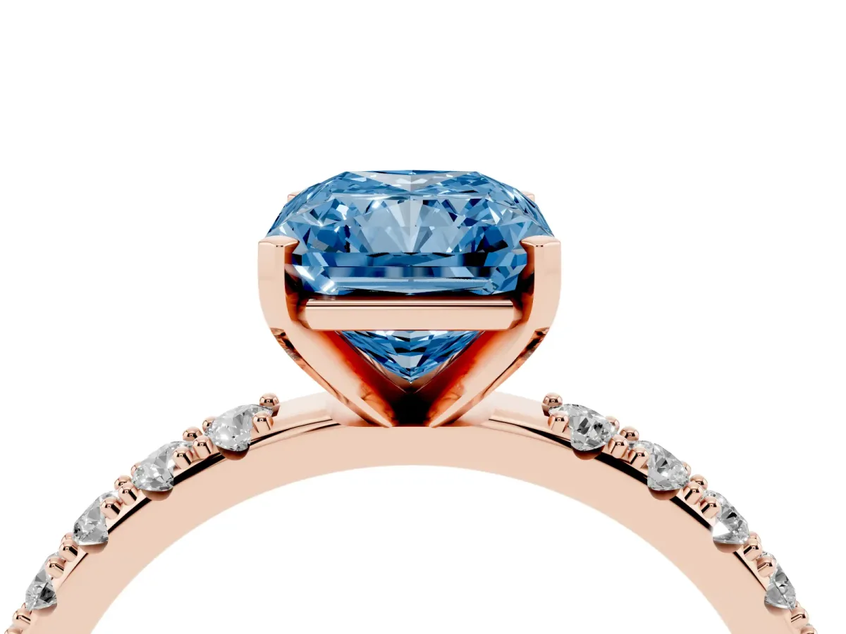 Fancy Blue Radiant Cut Diamond Solitaire Pavé Band with Four-Prong Setting Rose gold