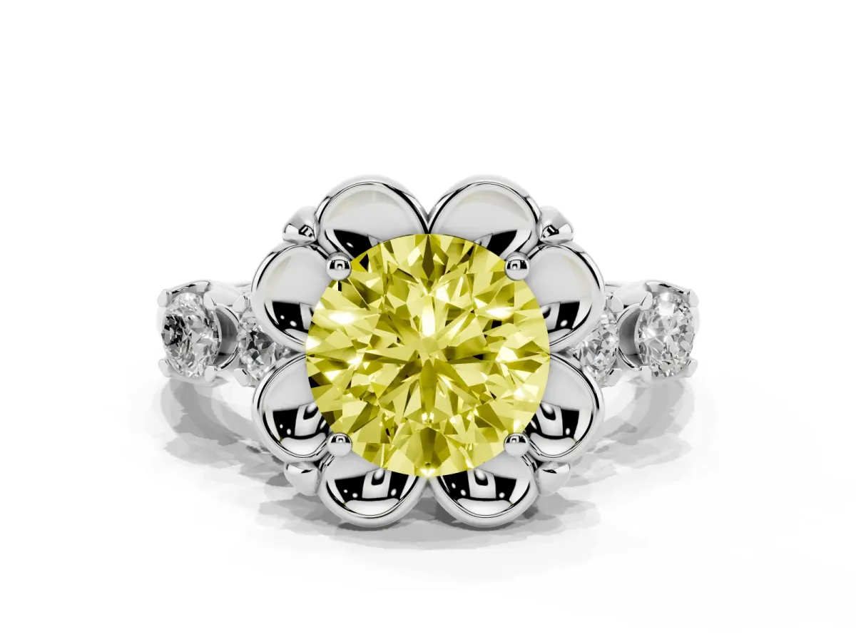 Fancy Yellow Round Cut Cut Diamond Floral Halo Engagement Ring with Shared Prong Setting Silver