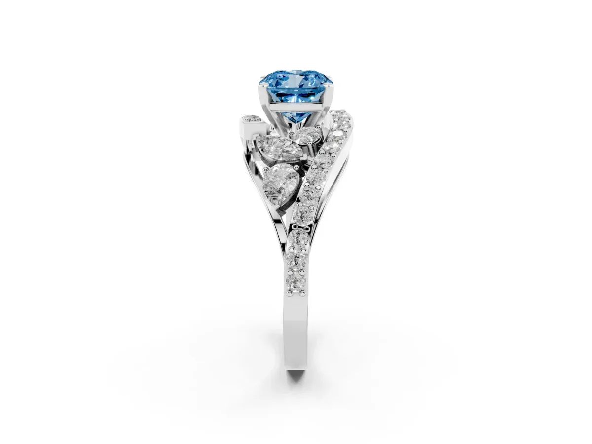 Fancy Blue Cushion Cut Diamond Halo Ring with Marquise and Pavé Band in Prong Setting Silver