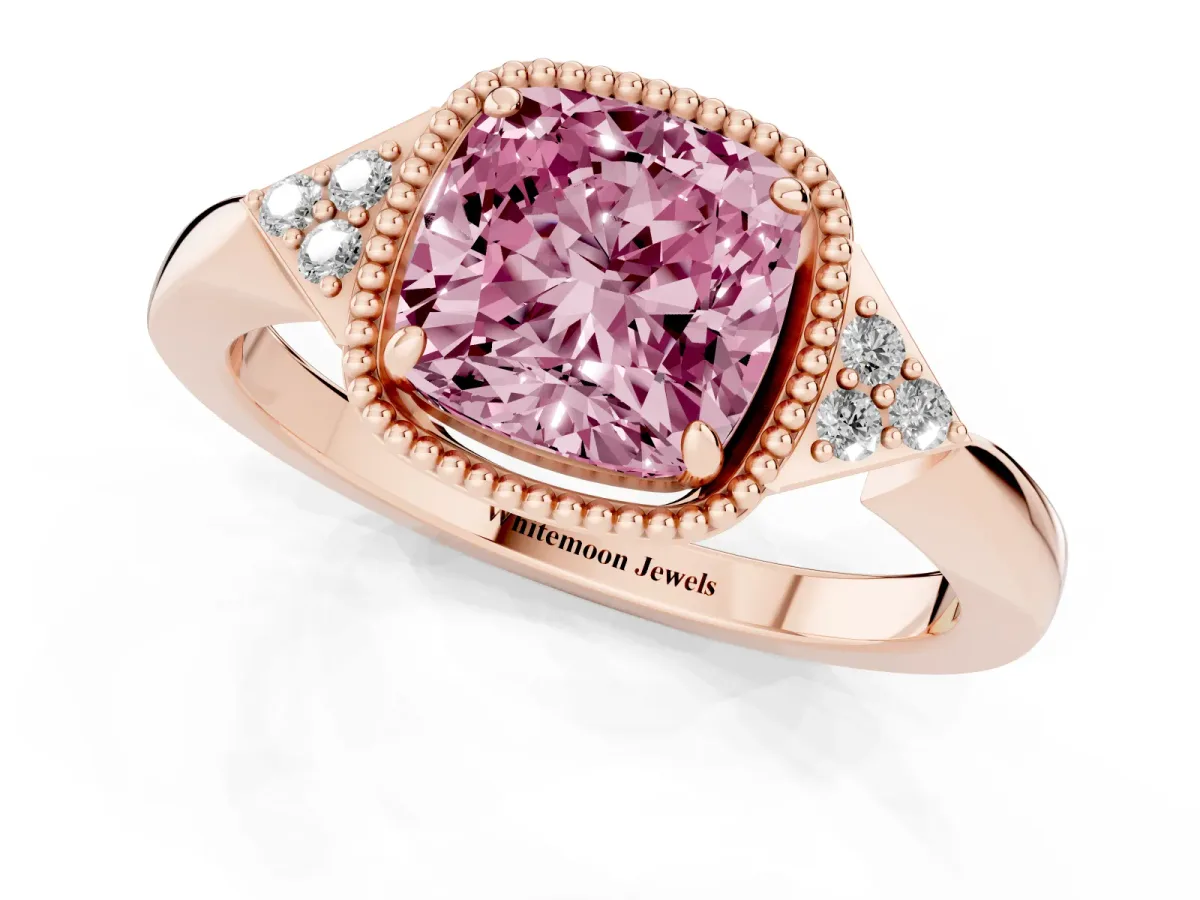 Fancy Pink Hexagonal Halo Cushion Cut Diamond Solitaire with Pavé Band and Four-Prong Setting Rose gold
