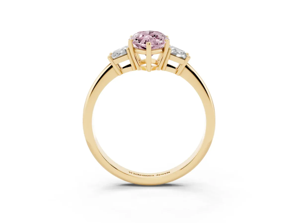 Fancy Pink Marquise Cut Diamond Three-Stone Ring with Trapezoid Side Stones and Prong Setting Yellow gold