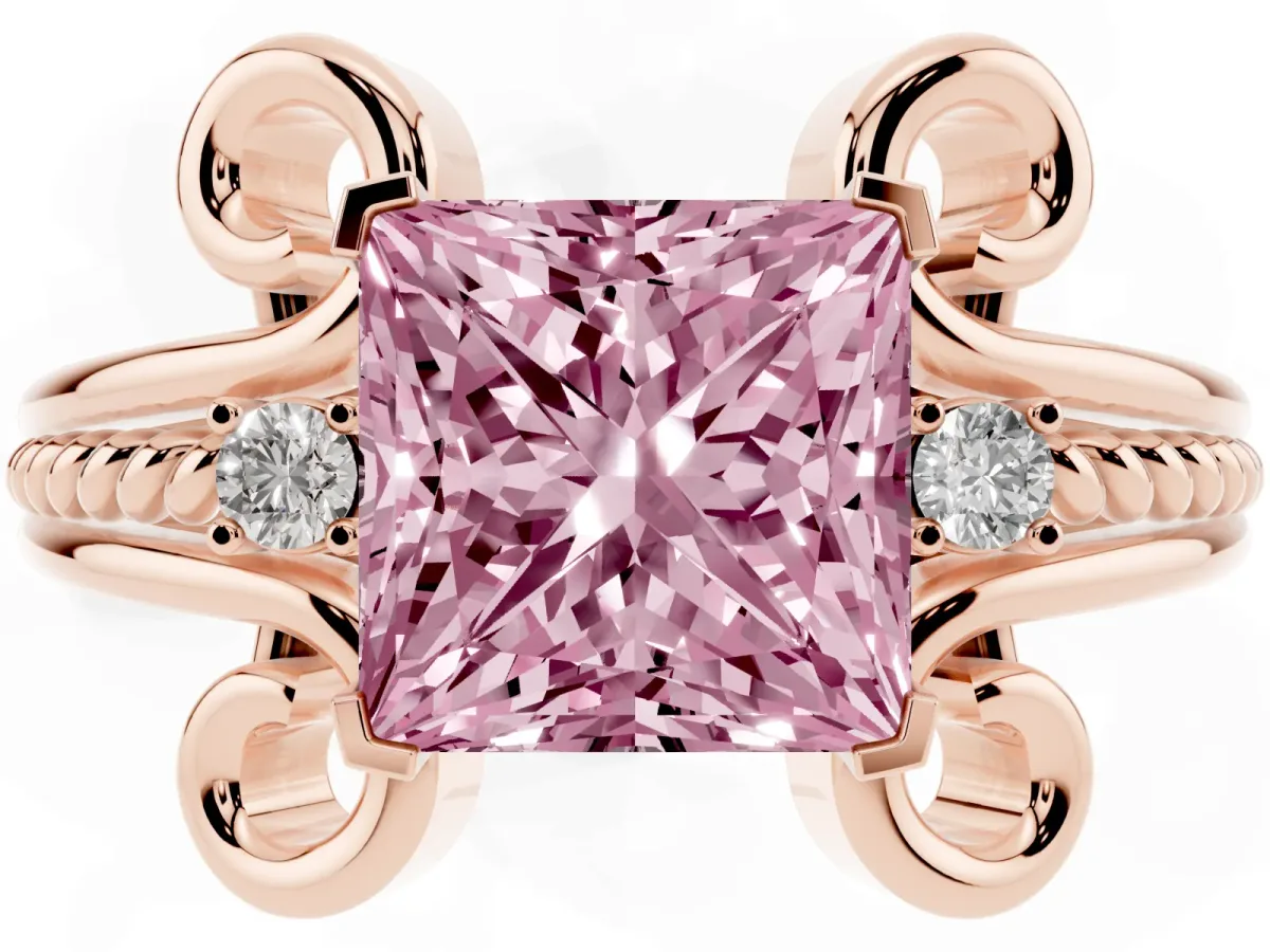Fancy Pink Princess Cut Solitaire Twisted Band Scroll Prong Ring Rose gold