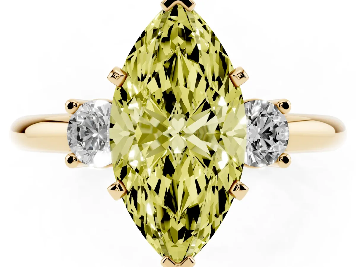 Fancy Yellow Three-Stone Marquise Cut Cut Diamond Solitaire with Prong Setting and Classic Band Yellow gold