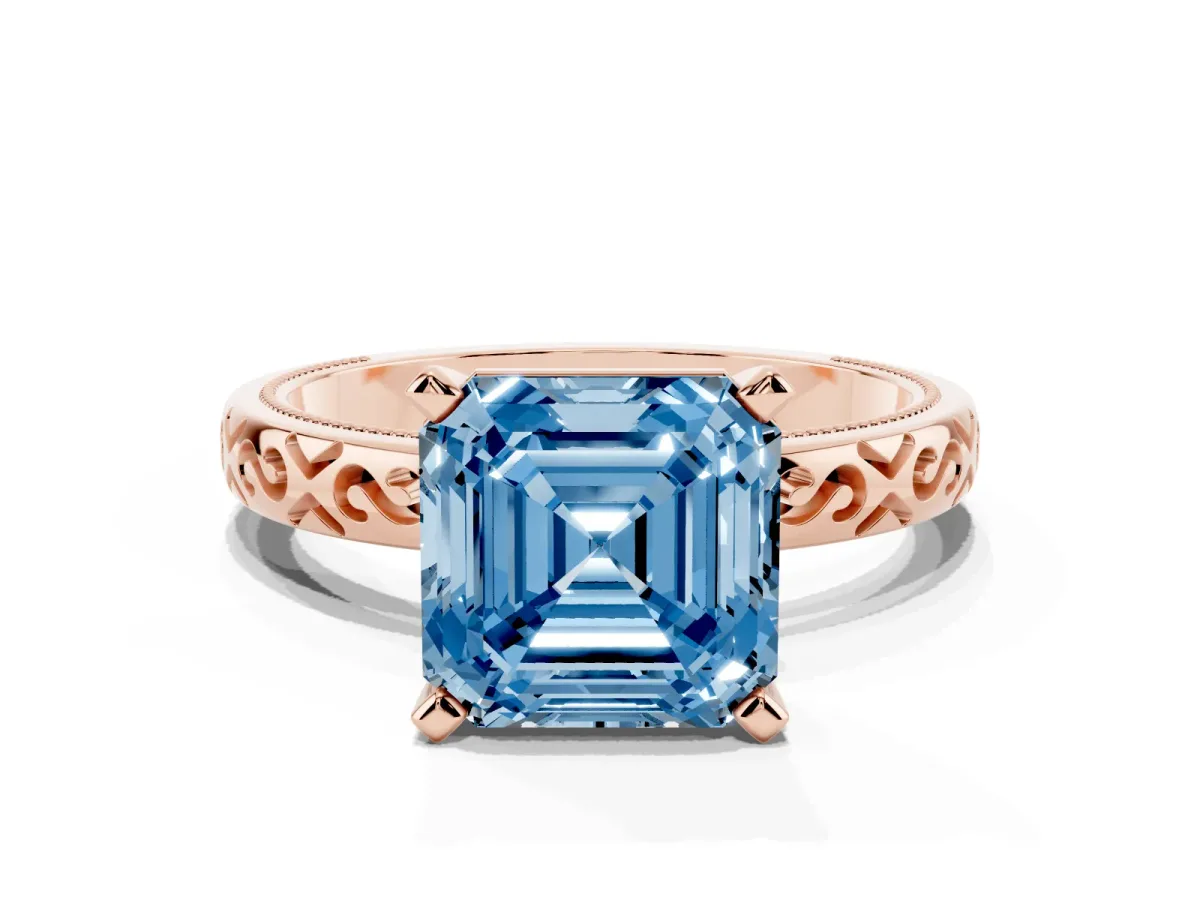 Fancy Blue Asscher Cut Solitaire Engagement Ring with Scrollwork Band and Four-Prong Setting Rose gold