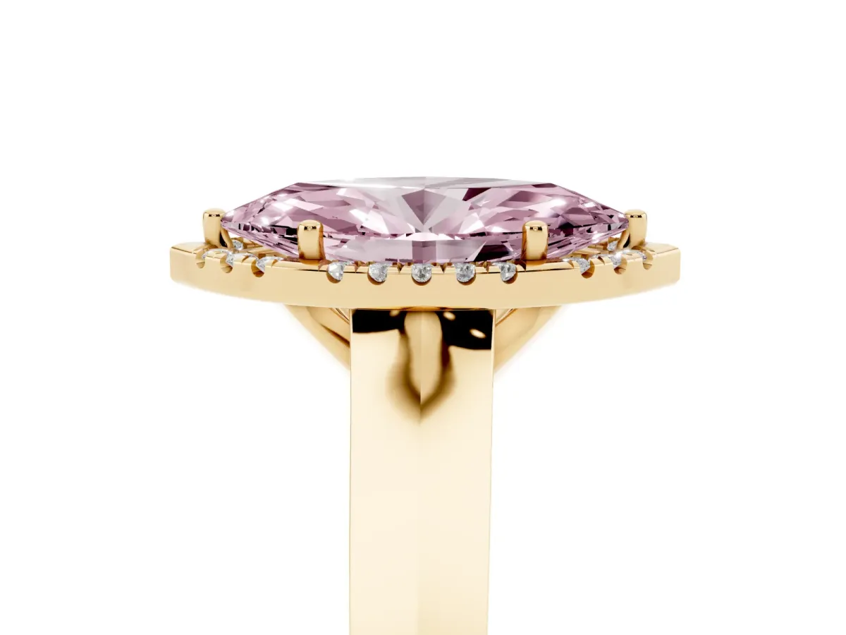 Fancy Pink Marquise Cut Halo Diamond Ring with Cathedral Band and Four-Prong Setting Yellow gold