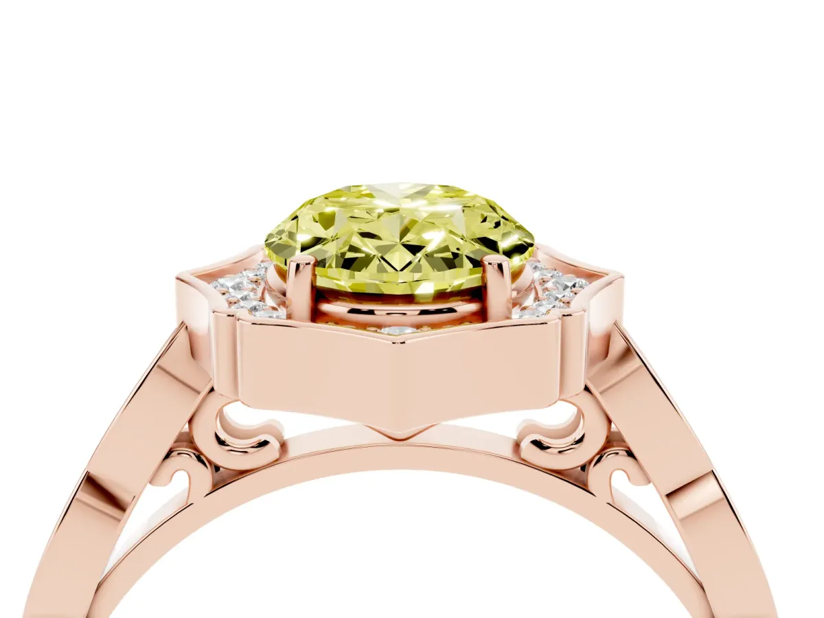 Fancy Yellow Oval Cut Halo Diamond Engagement Ring with Milgrain Band and Four-Prong Setting Rose gold