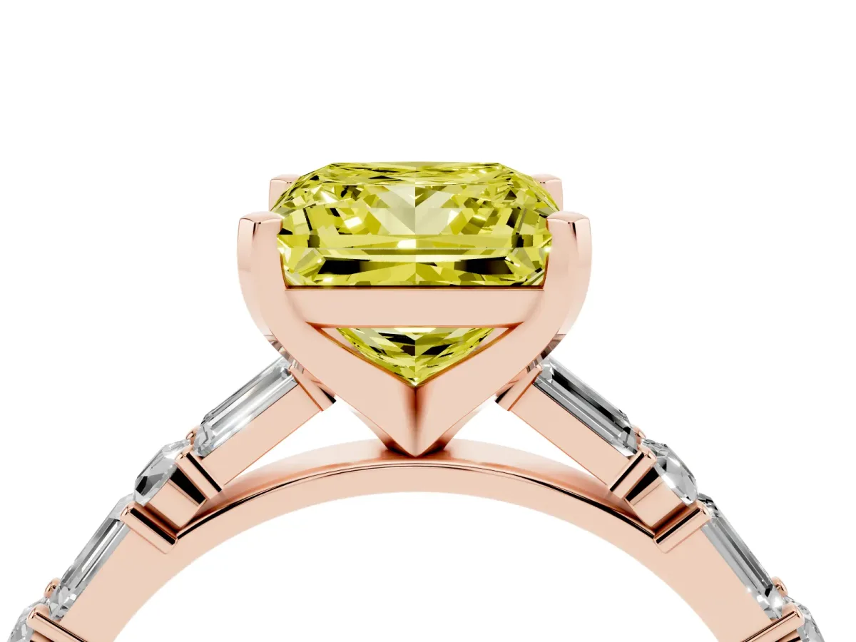 Fancy Yellow Princess Cut Diamond Solitaire with Side Baguettes and Channel Set Band Rose gold