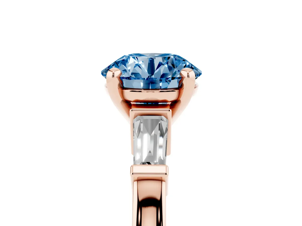 Fancy Blue Round Cut Cut Diamond Solitaire Ring with Tapered Baguette Accents and Four-Prong Setting Rose gold