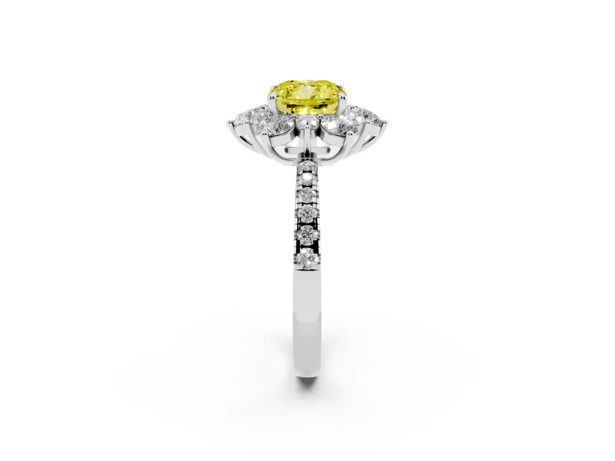 Fancy Yellow Cushion Cut Diamond Floral Halo Ring with Round Pavé Band and Prong Setting Silver