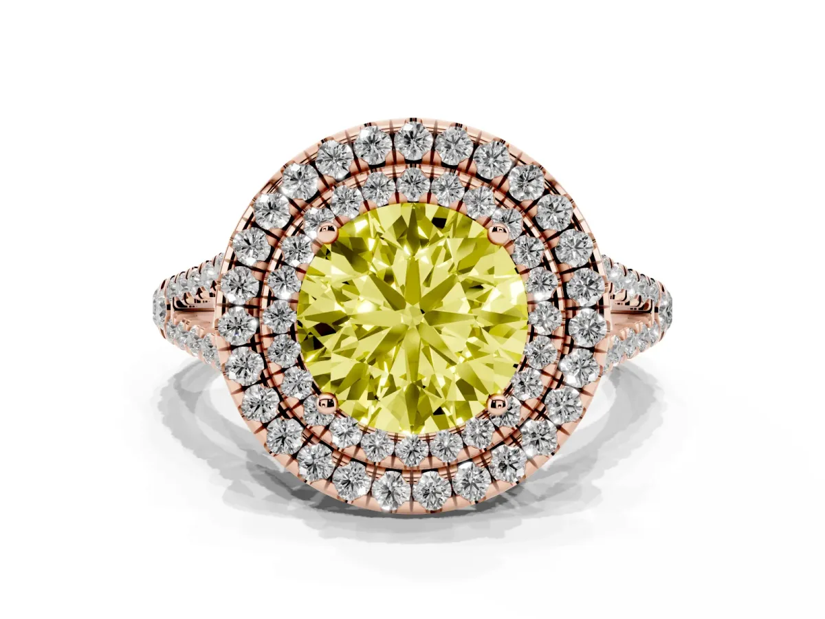 Fancy Yellow Round Cut Diamond Double Halo Ring with Pavé Band and Prong Setting Rose gold