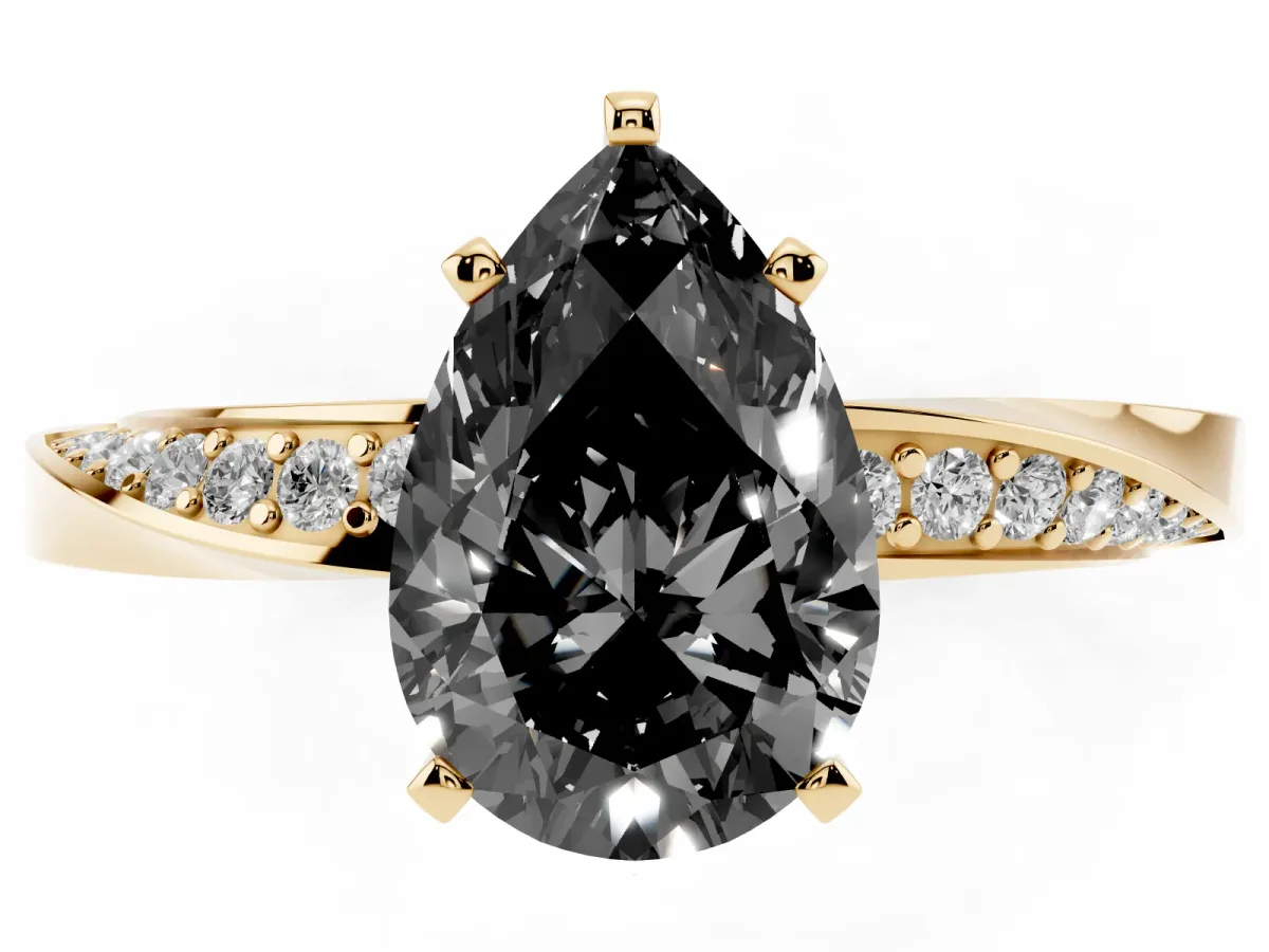 Fancy Black Pear Cut Diamond Engagement Ring with Side Stone Accents and Four-Prong Setting Yellow gold