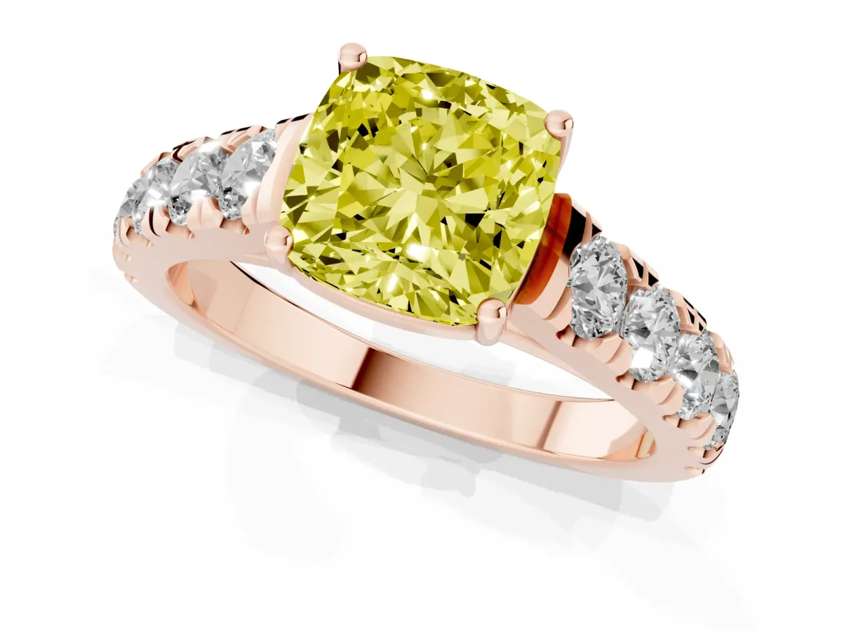 Fancy Yellow Cushion Cut Cut Diamond Solitaire Ring with Micro Pave Band and Prong Setting Rose gold