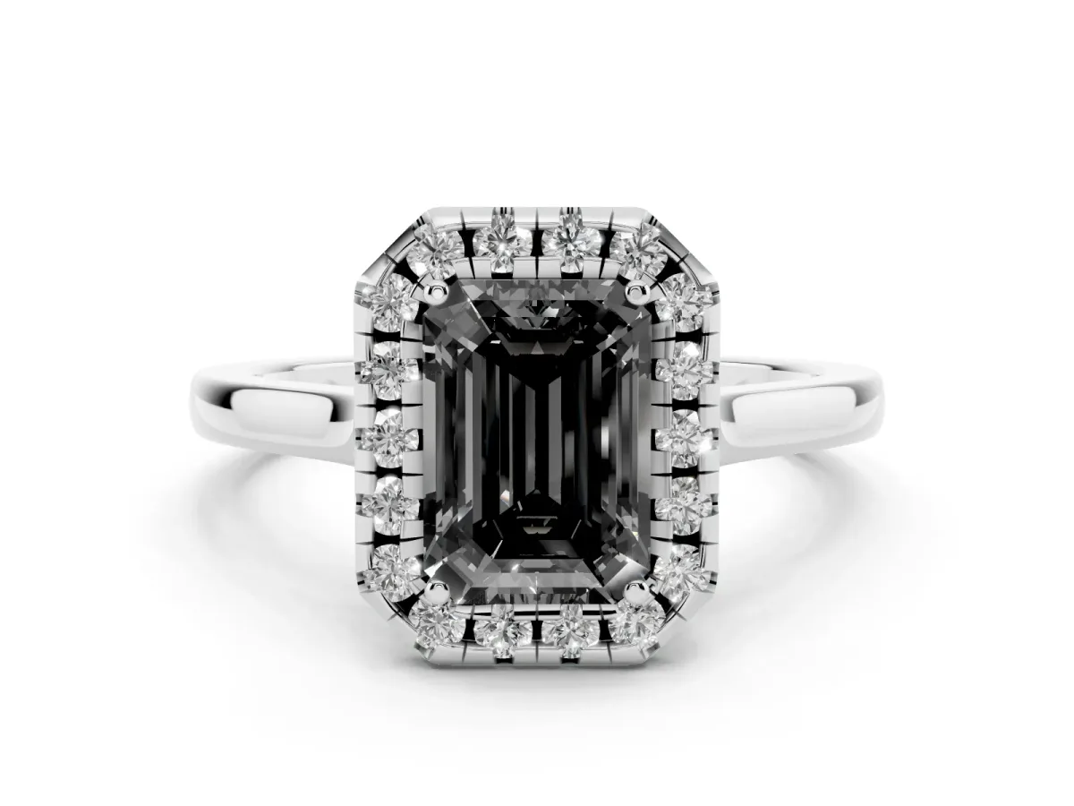 Fancy Black Emerald Cut Halo Round Diamond Solitaire Ring with Pavé Band and Four-Prong Setting Silver