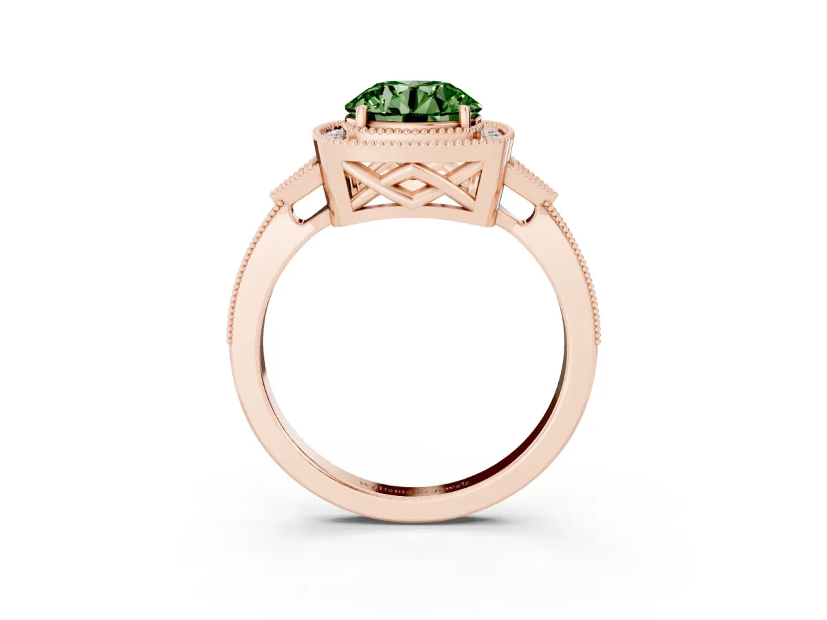 Fancy Green Round Cut Halo Round Diamond Milgrain Pave Engagement Ring Rose gold