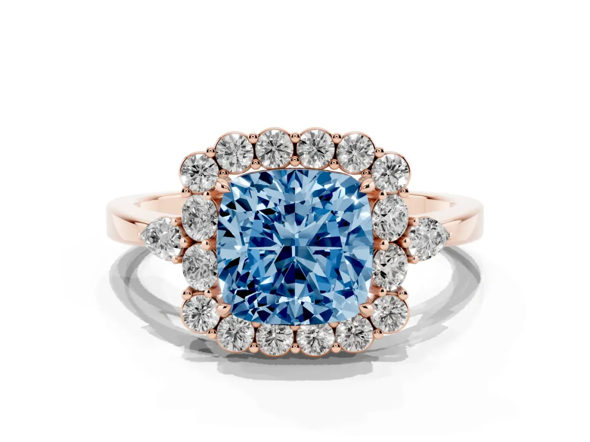 Fancy Blue Cushion Cut Diamond Halo Ring with Pear Side Stones and Prong Setting Rose gold