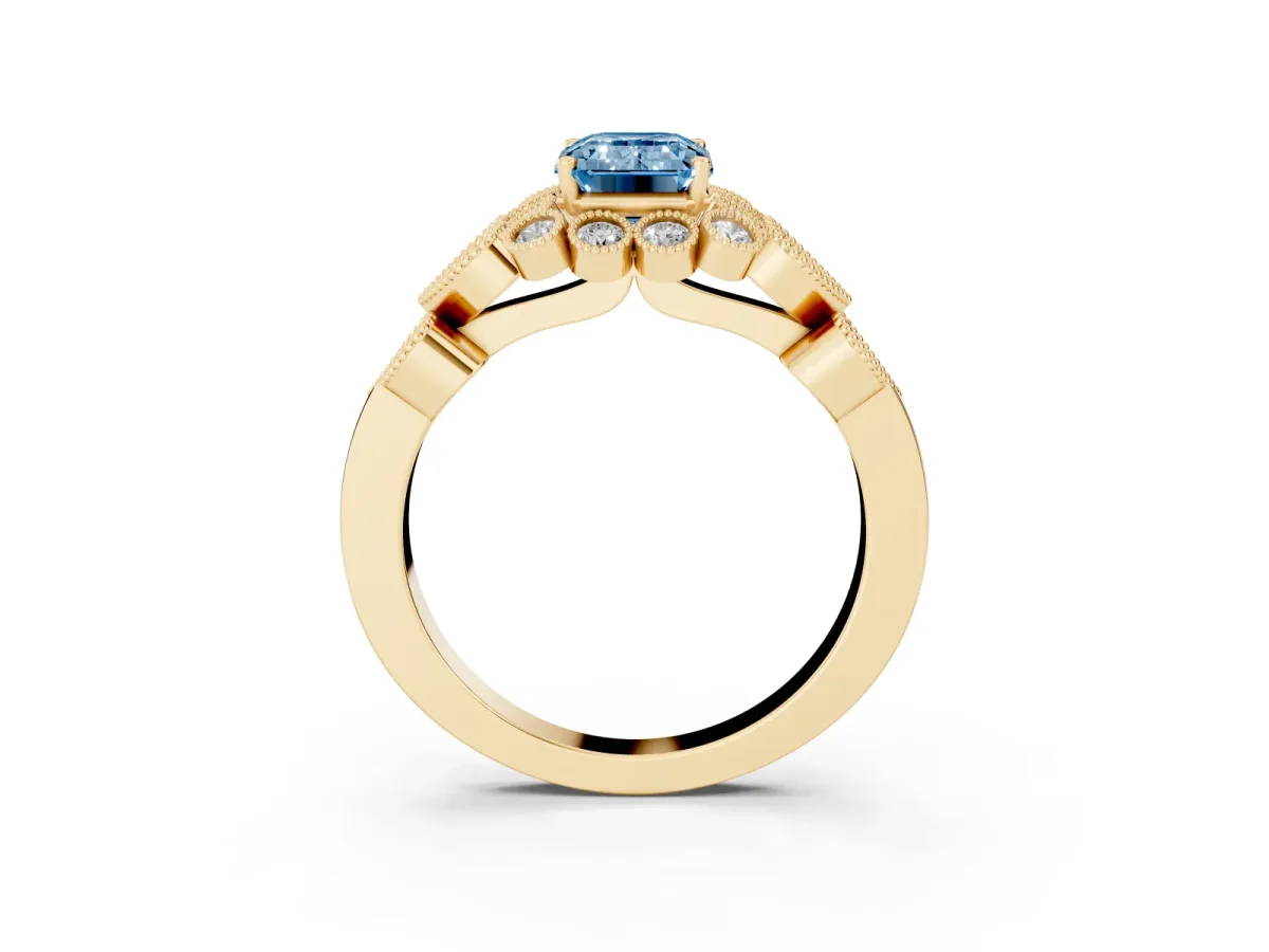 Fancy Blue Emerald Cut Brilliant Milgrain Pave Heart Band Solitaire Ring Yellow gold