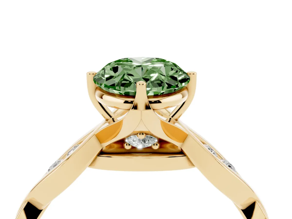 Fancy Green Oval Cut Solitaire Twist Band with Leaf Prong Setting Yellow gold