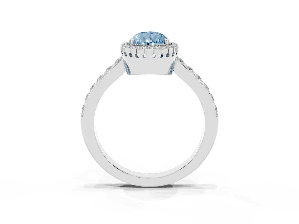 Fancy Blue Pear Cut Cut Diamond Halo Engagement Ring with Milgrain Detail and Pavé Band White gold