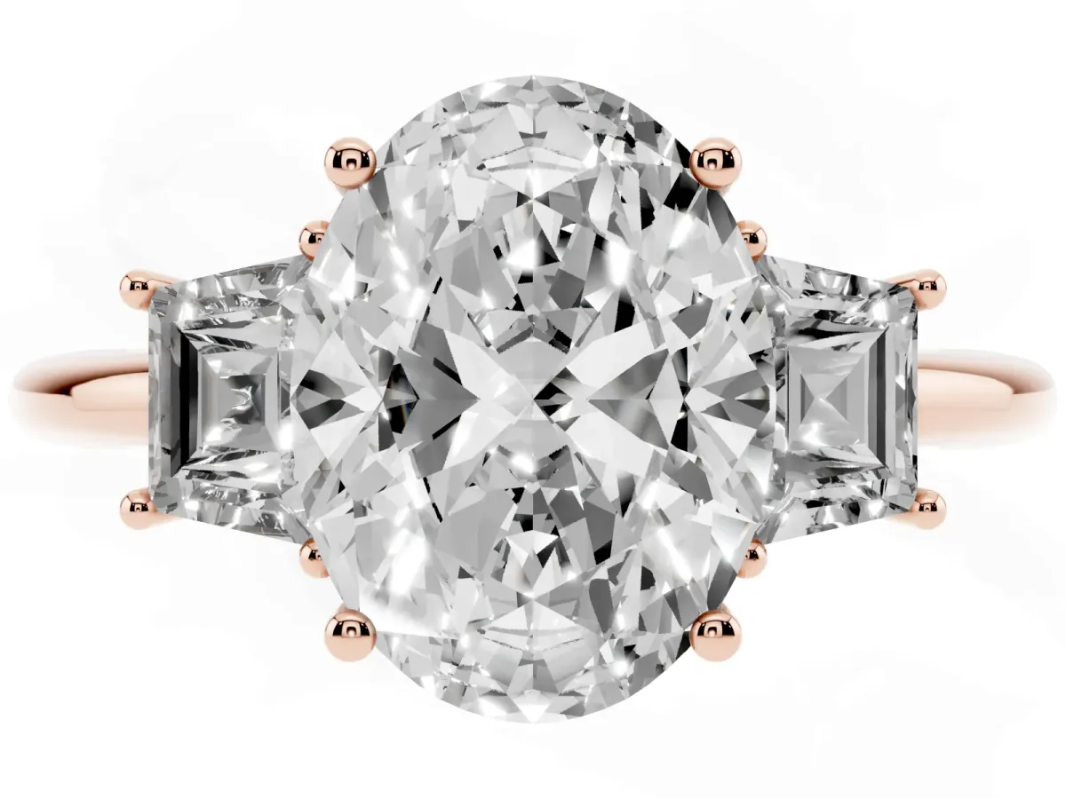 Oval Cut Diamond Three-Stone Ring with Trapezoid Side Stones and Prong Setting Rose gold