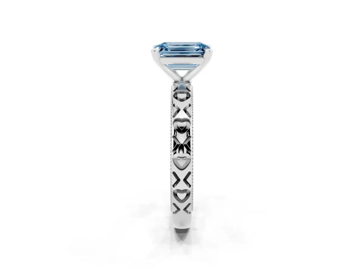 Fancy Blue Emerald Cut Solitaire Diamond Engagement Ring with XO Engraved Band and Four-Prong Setting Silver