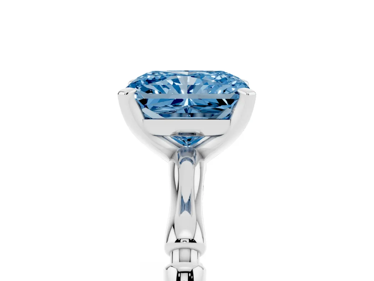 Fancy Blue Radiant Cut Solitaire Diamond Ring with Bamboo Band and Four-Prong Setting Silver