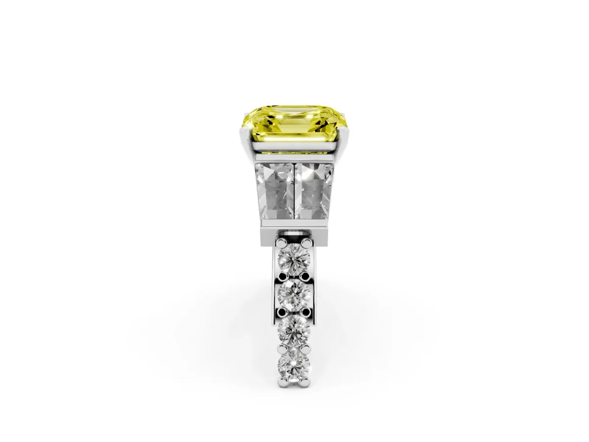 Fancy Yellow Asscher Cut Diamond Engagement Ring with Baguette Side Stones and Channel Set Band Platinum