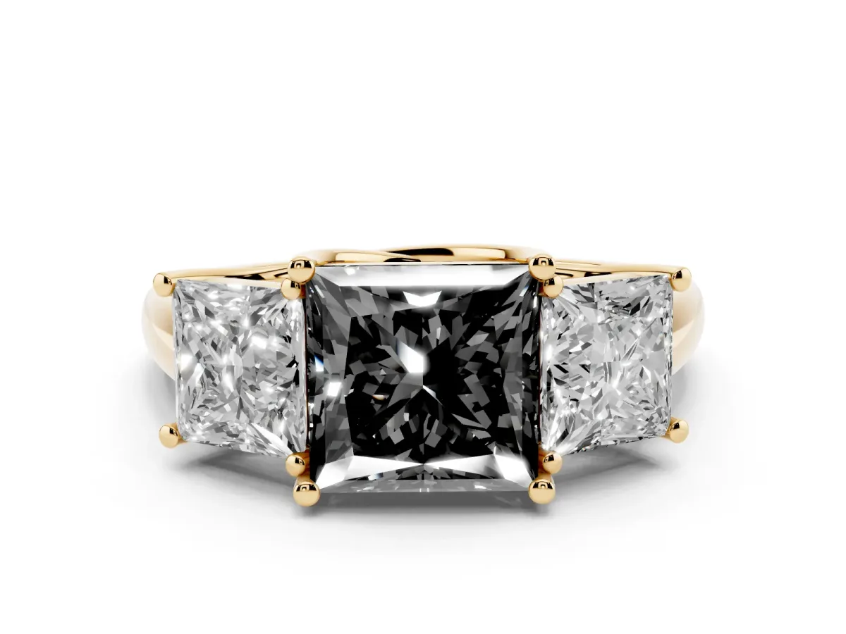 Fancy Black Three-Stone Princess Cut Diamond Engagement Ring with Prong Setting Yellow gold