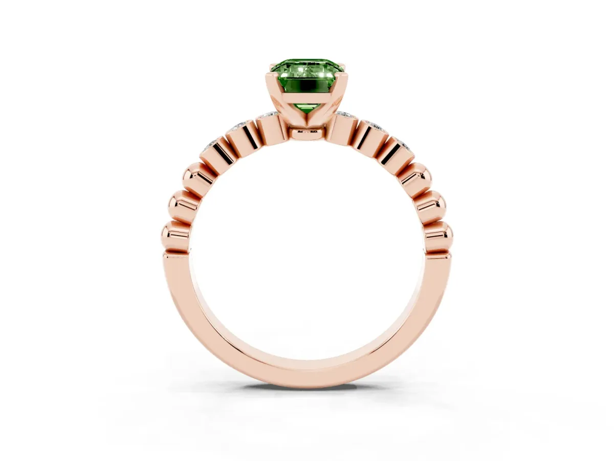 Fancy Green Emerald Cut Solitaire Bezel Accent Diamond Engagement Ring with Beaded Band and Four-Prong Setting Rose gold