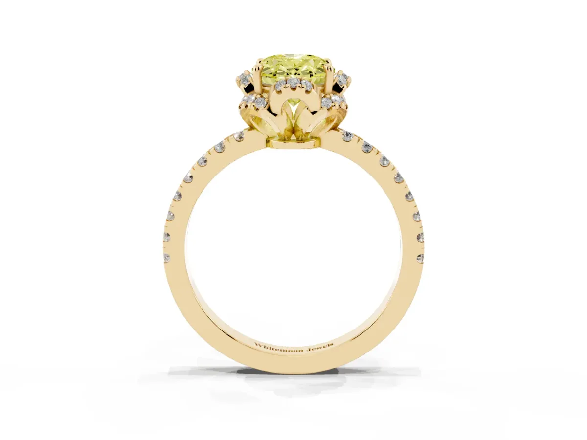 Fancy Yellow Oval Cut Halo Diamond Pave Band Ring with Four-Prong Setting Yellow gold