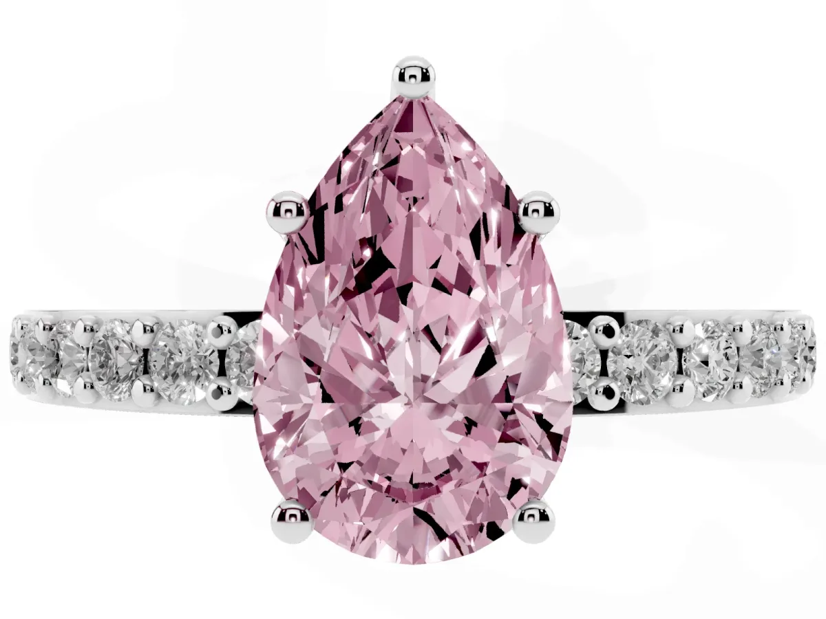 Fancy Pink Pear Cut Cut Diamond Solitaire with Pave Band and Four-Prong Setting Silver