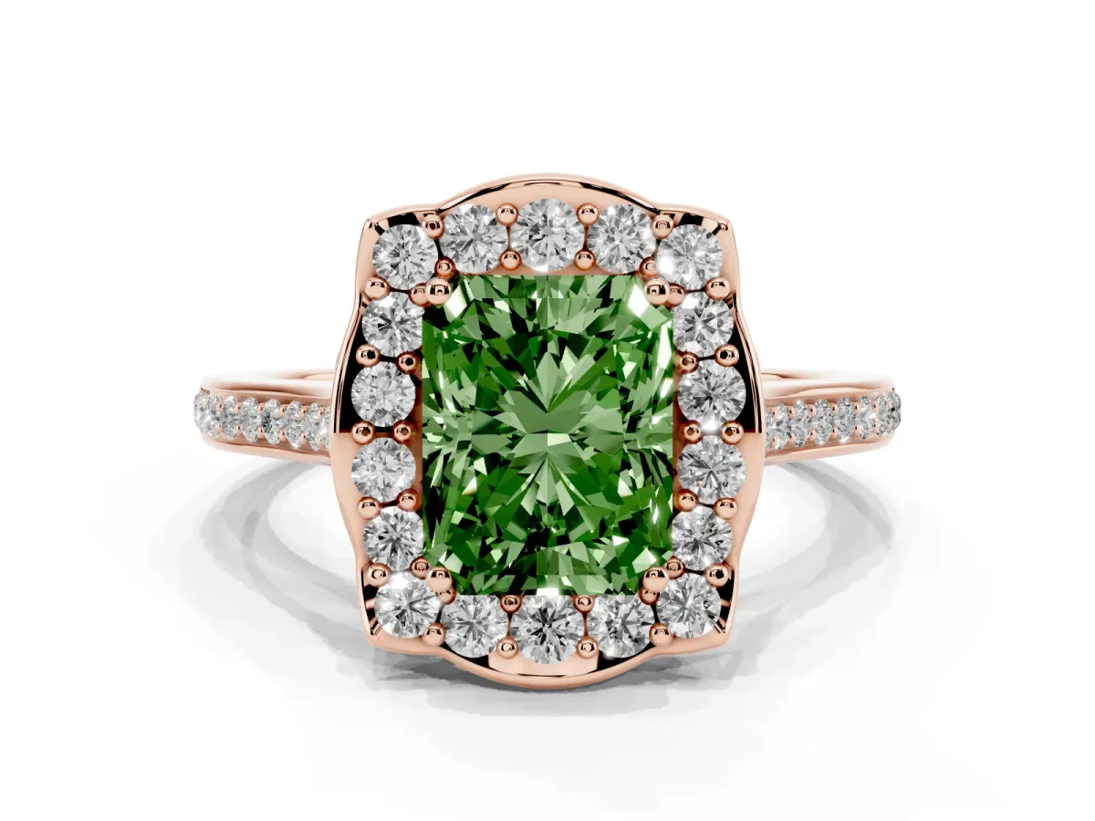 Fancy Green Radiant Cut Halo Round Diamond Pave Band with Four-Prong Setting Rose gold