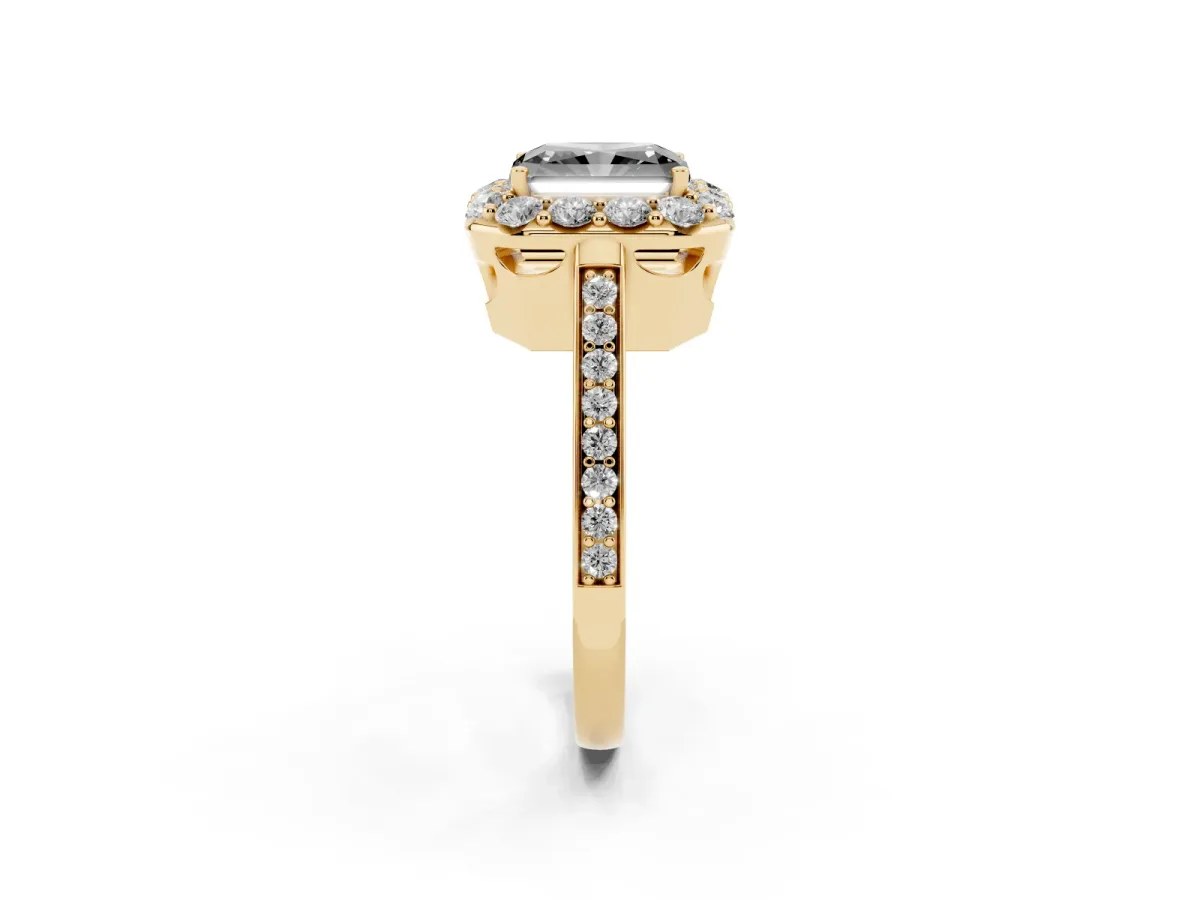 Fancy Black Radiant Cut Diamond Floral Halo Ring with Pavé Band and Prong Setting Yellow gold