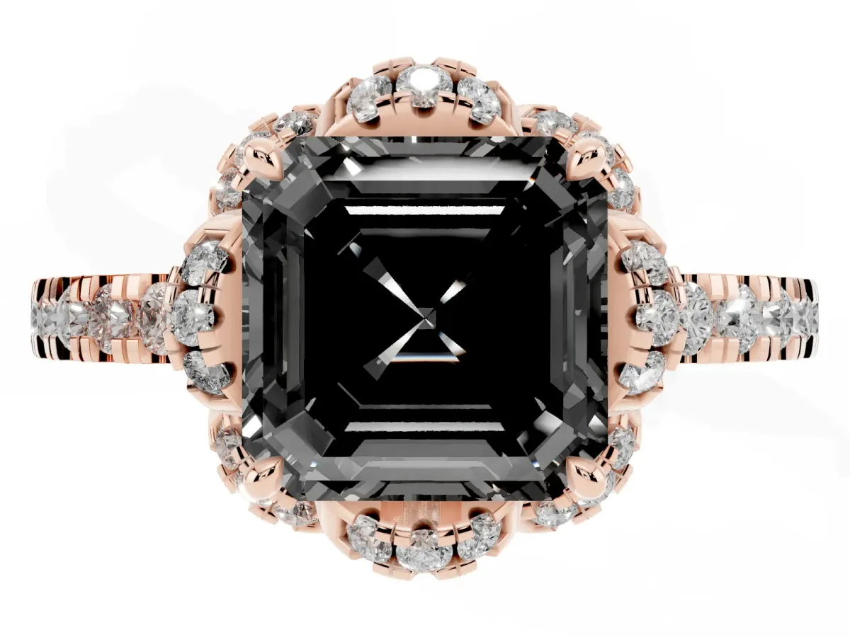 Fancy Black Asscher Cut Diamond Halo Pave Band with Four-Prong Setting Rose gold