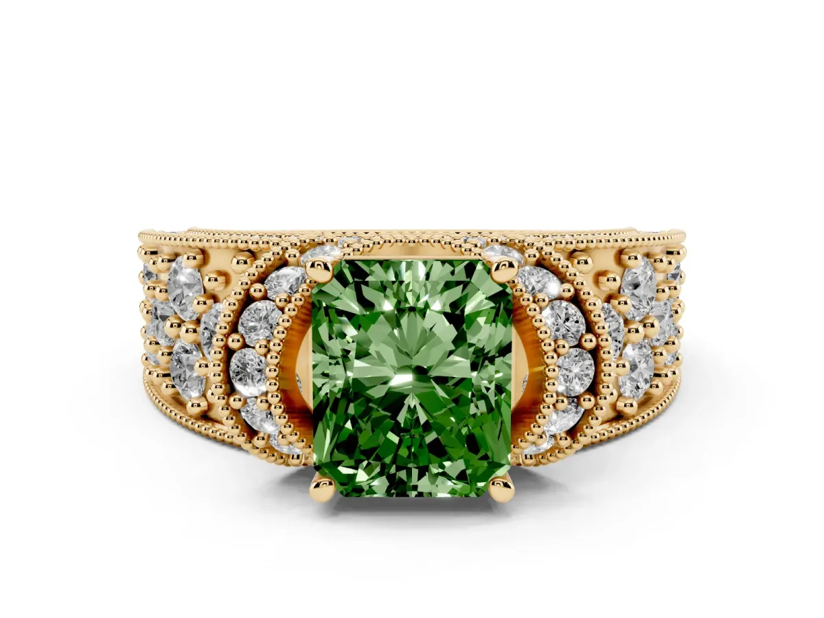 Fancy Green Radiant Cut Halo Pave Diamond Engagement Ring with Milgrain Detailing Yellow gold