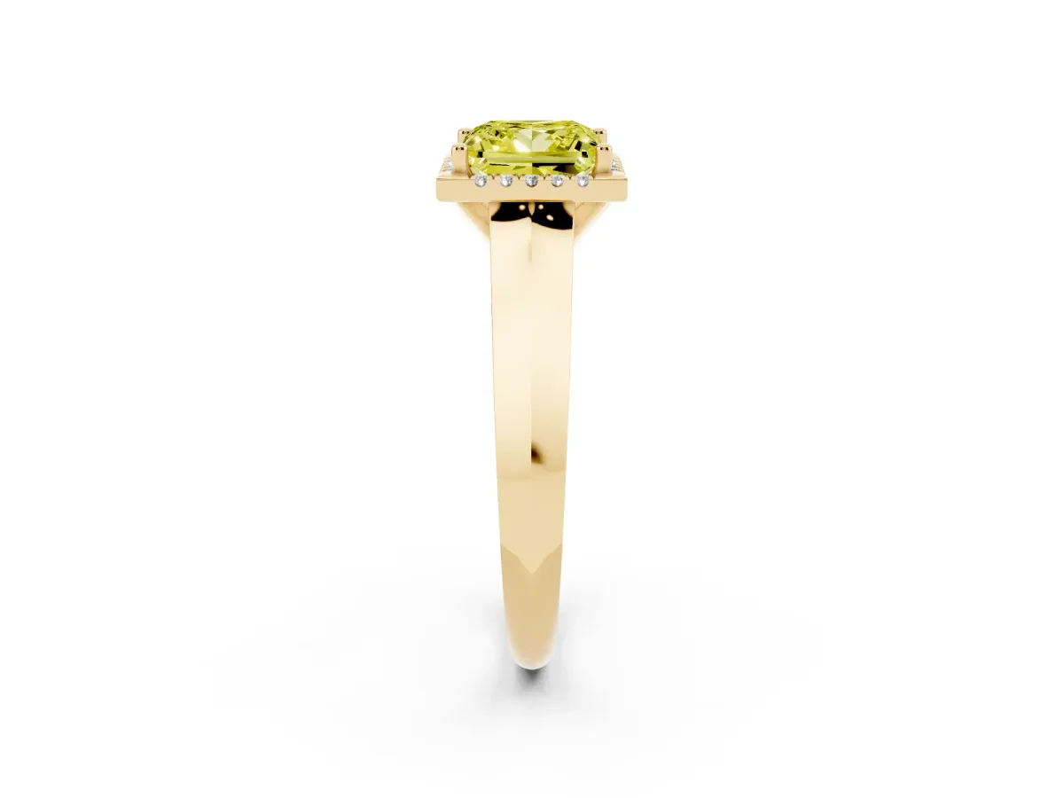 Fancy Yellow Princess Cut Halo Diamond Ring with Cathedral Band and Four-Prong Setting Yellow gold