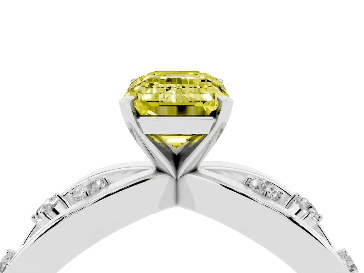 Fancy Yellow Emerald Cut Cut Solitaire Diamond with Side Stones on Criss-Cross Band and Four-Prong Setting Silver