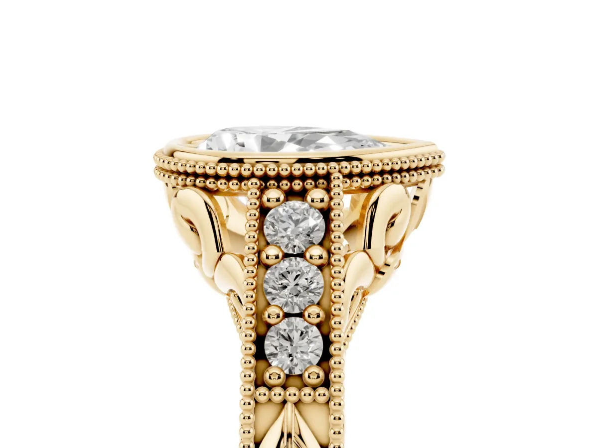 Bezel Set Pear Cut Diamond Milgrain Pave Engagement Ring Yellow gold