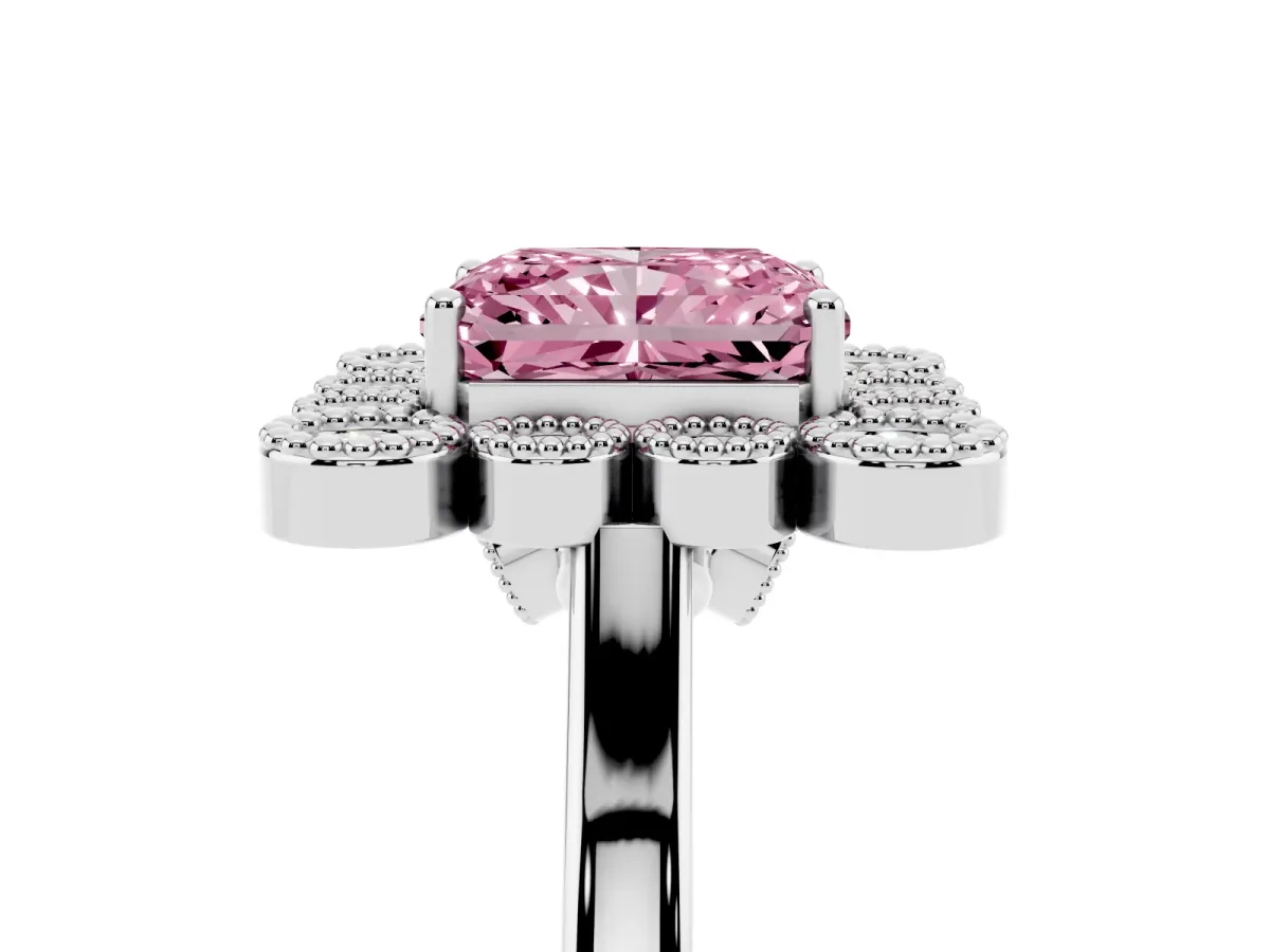 Fancy Pink Radiant Cut Halo Diamond Cluster Engagement Ring with Milgrain Bezel Setting and Solitaire Band Platinum
