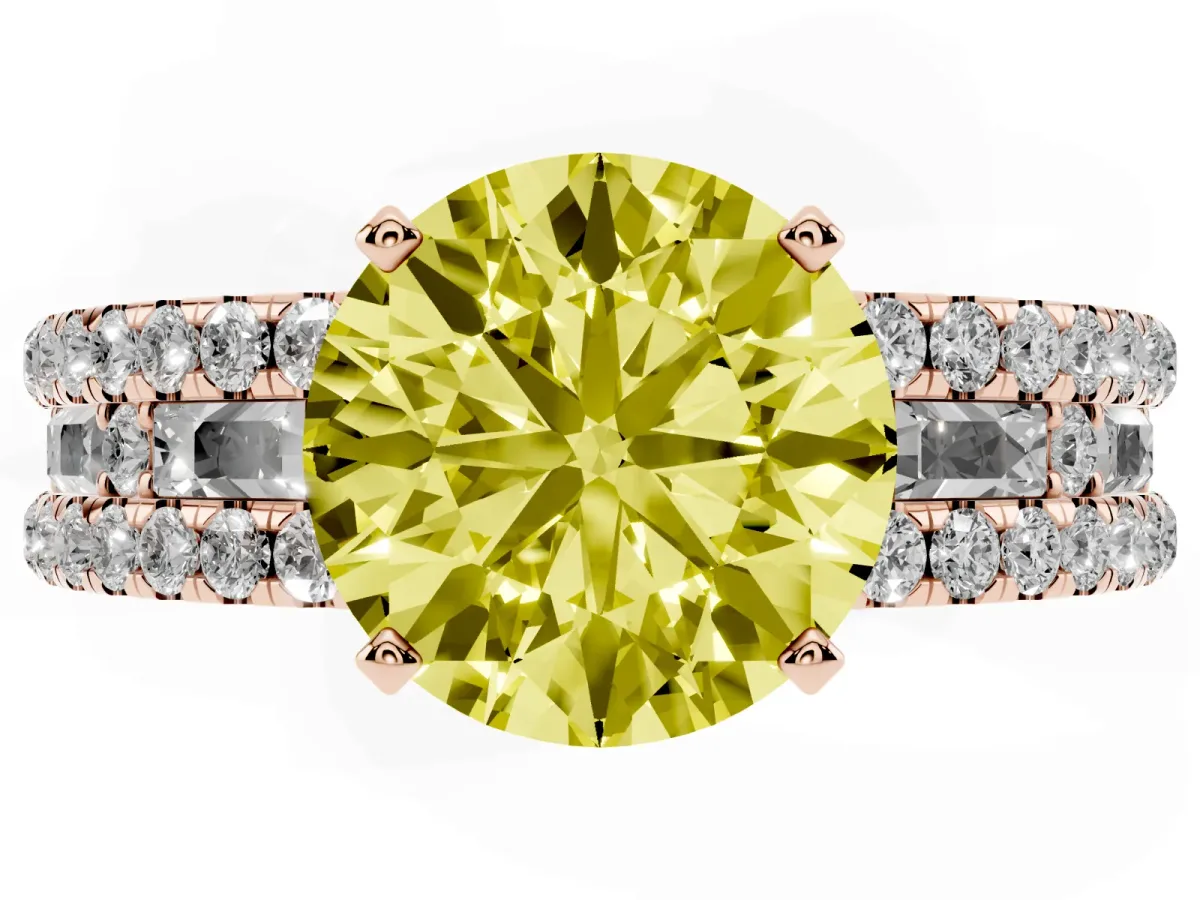 Fancy Yellow Round Cut Diamond Solitaire Ring with Pavé and Channel Set Band Rose gold