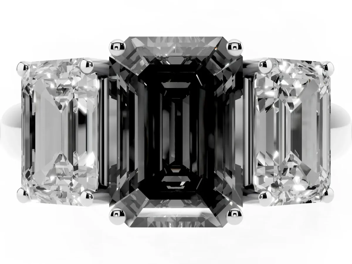 Fancy Black Three-Stone Emerald Cut Diamond Engagement Ring with Prong Setting Silver