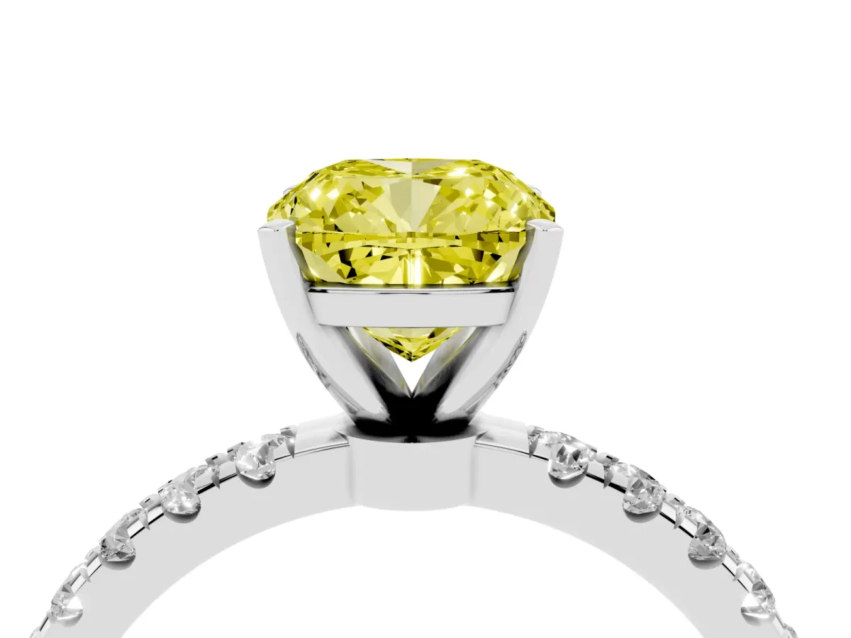 Fancy Yellow Cushion Cut Diamond Solitaire Ring with Pavé Accents and Four-Prong Setting Silver