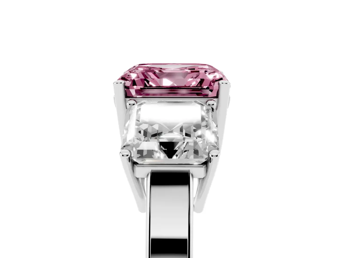 Fancy Pink Three-Stone Asscher Cut Cut Diamond Engagement Ring with Flat Band and Four-Prong Setting Silver