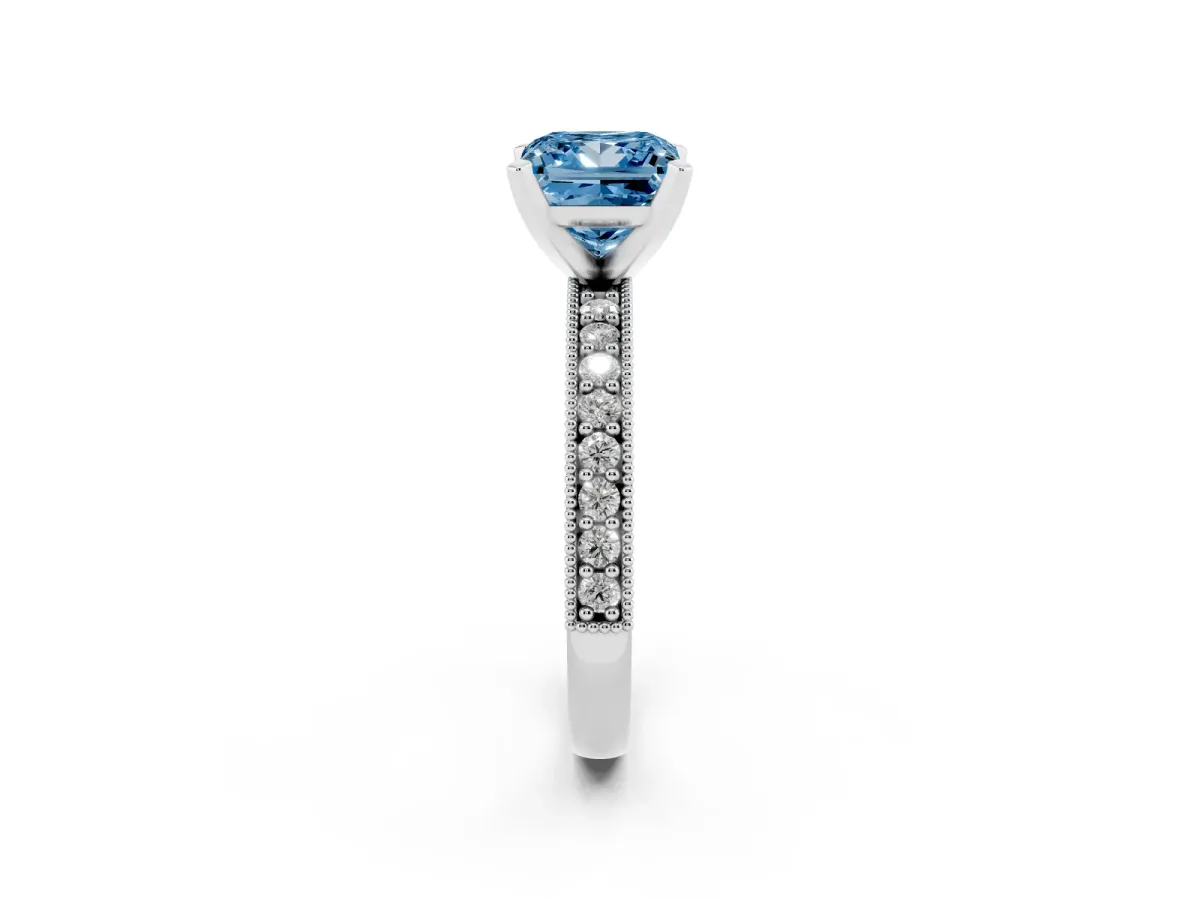 Fancy Blue Princess Cut Diamond Milgrain Pavé Engagement Ring with Four-Prong Setting Silver
