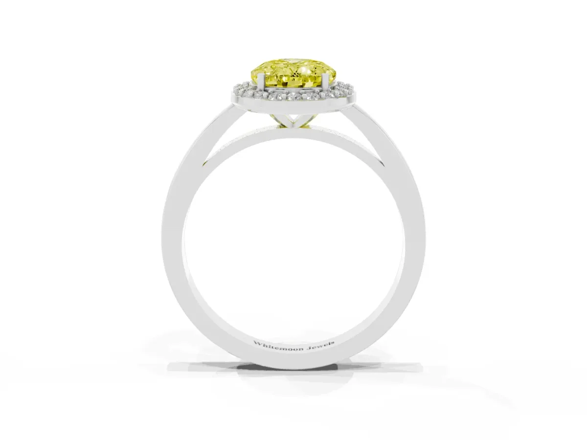 Fancy Yellow Oval Cut Halo Diamond Ring with Solitaire Band and Prong Setting Silver