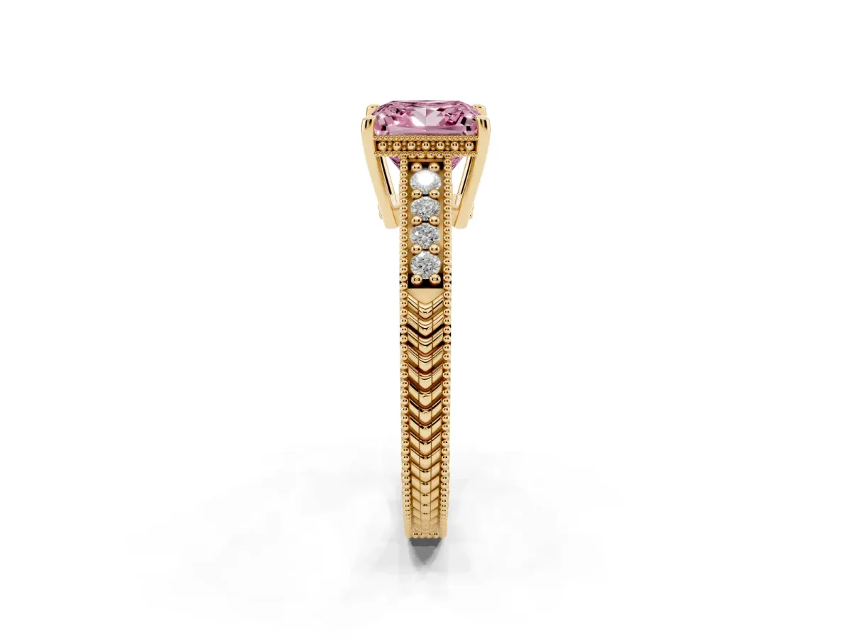 Fancy Pink Princess Cut Solitaire Pavé Diamond Milgrain Engagement Ring with Four-Prong Setting Yellow gold