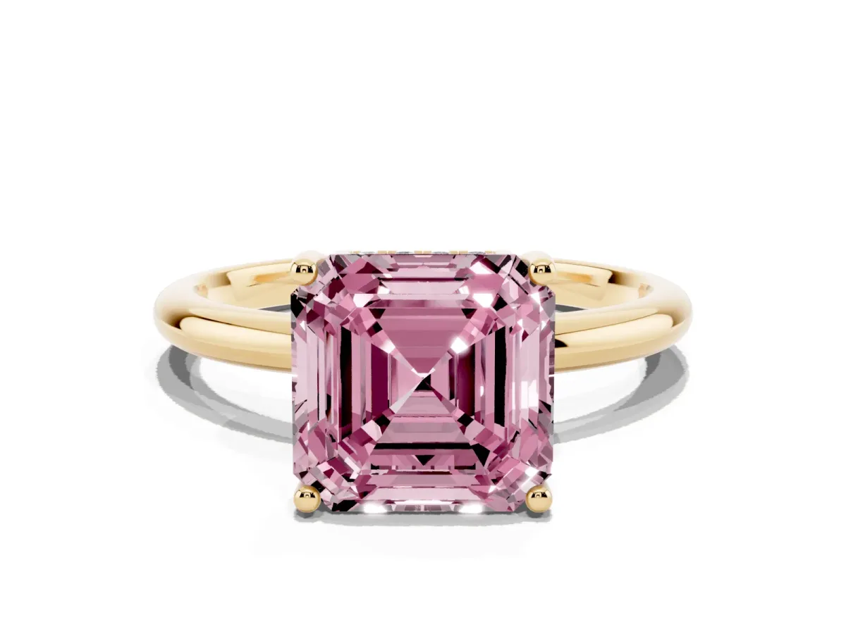 Fancy Pink Asscher Cut Cut Solitaire Engagement Ring with Four-Prong Setting and Classic Band Yellow gold