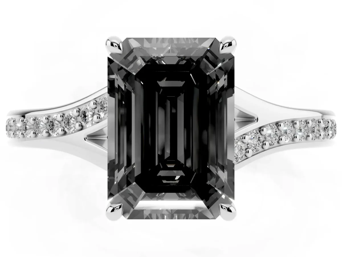 Fancy Black Emerald Cut Diamond Solitaire Ring with Pavé Band and Prong Setting Silver
